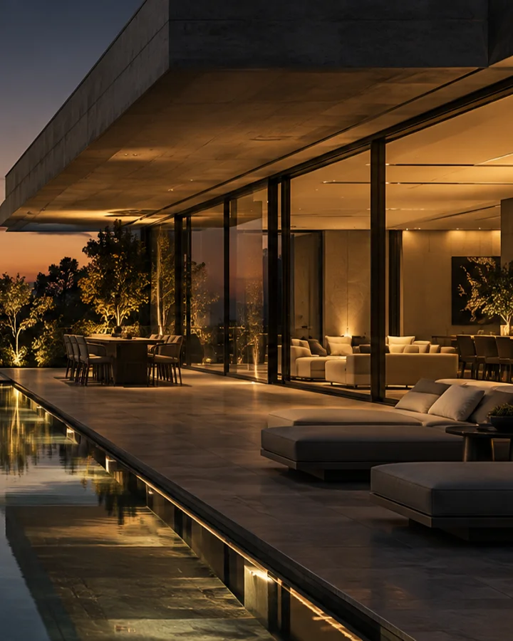 Detalhe da arquitetura contemporânea em pedra, vidro e luz dourada
